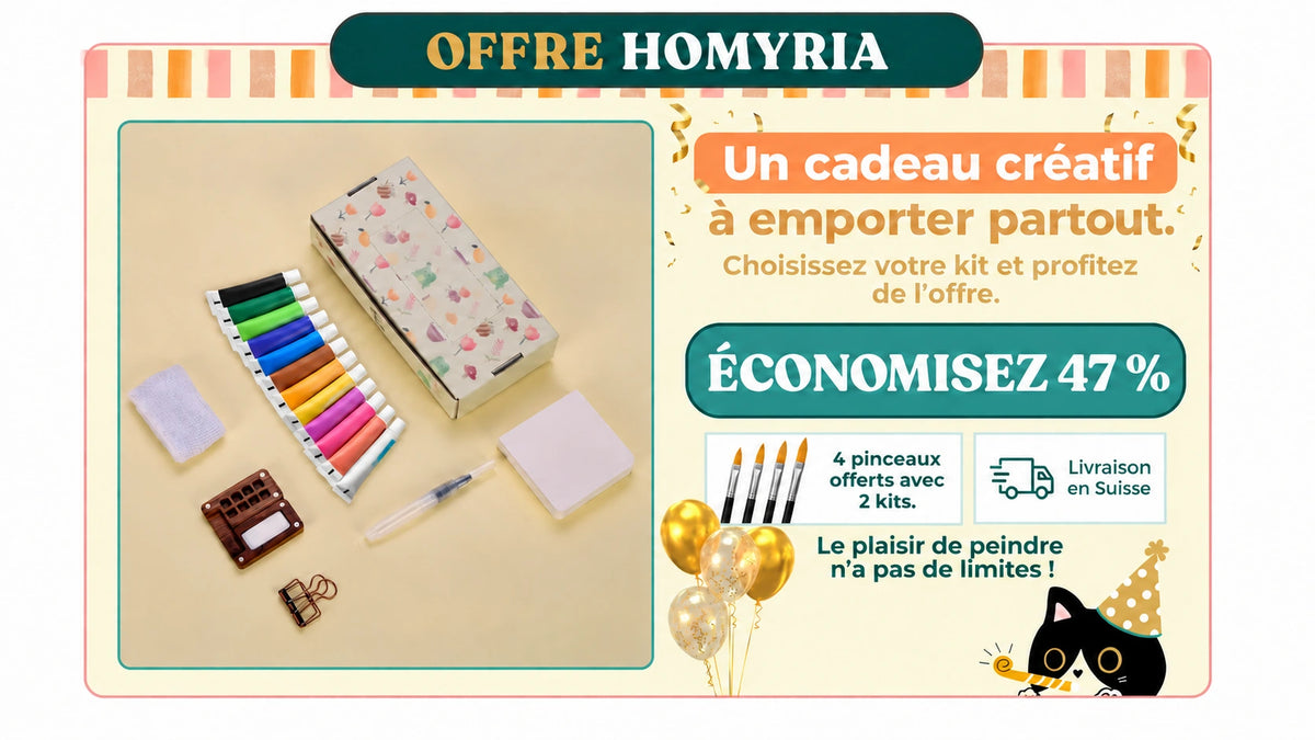 Offre Homyria : 47 % de réduction, 4 pinceaux offerts avec 2 kits, livraison en Suisse