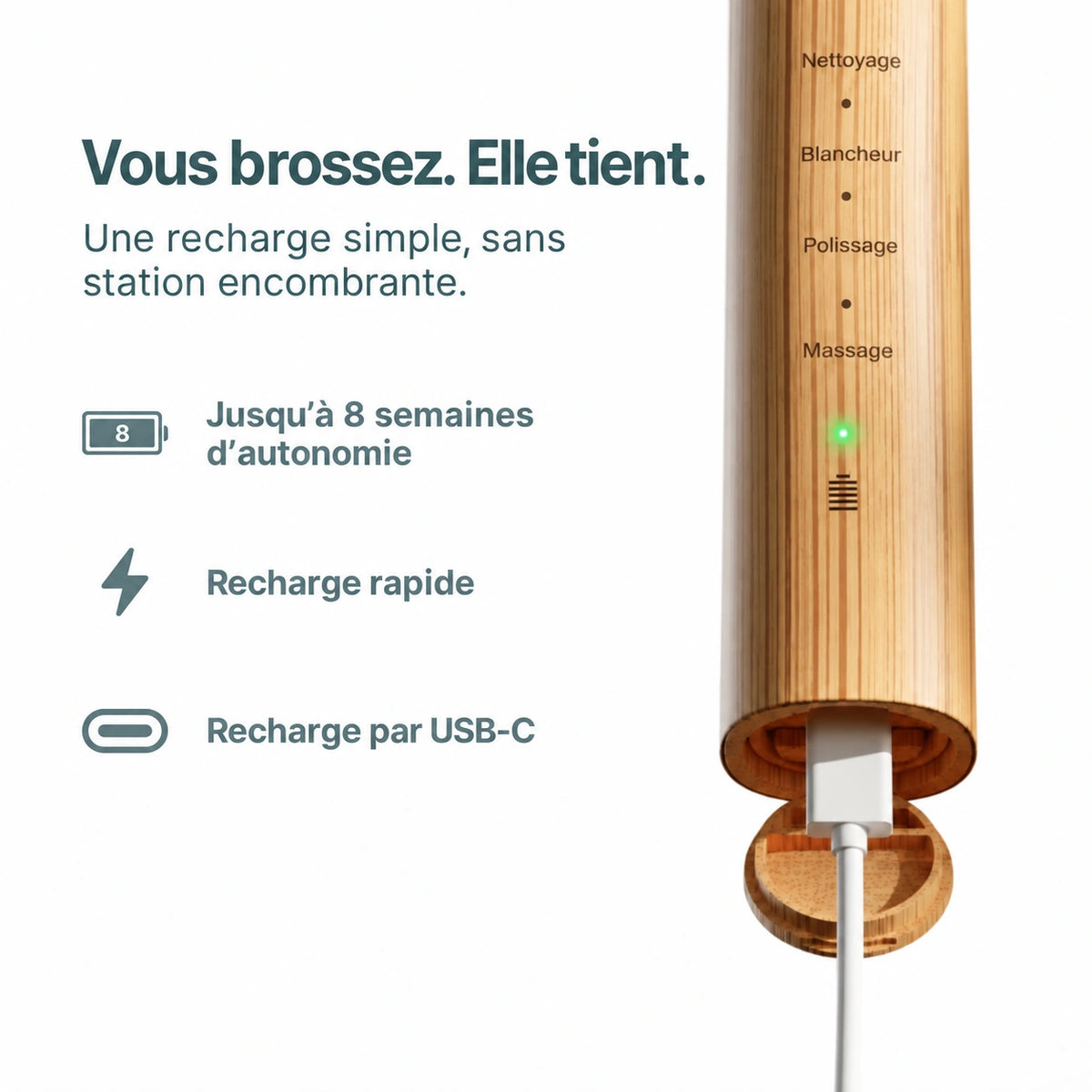 Recharge USB-C de la brosse sonique en bambou