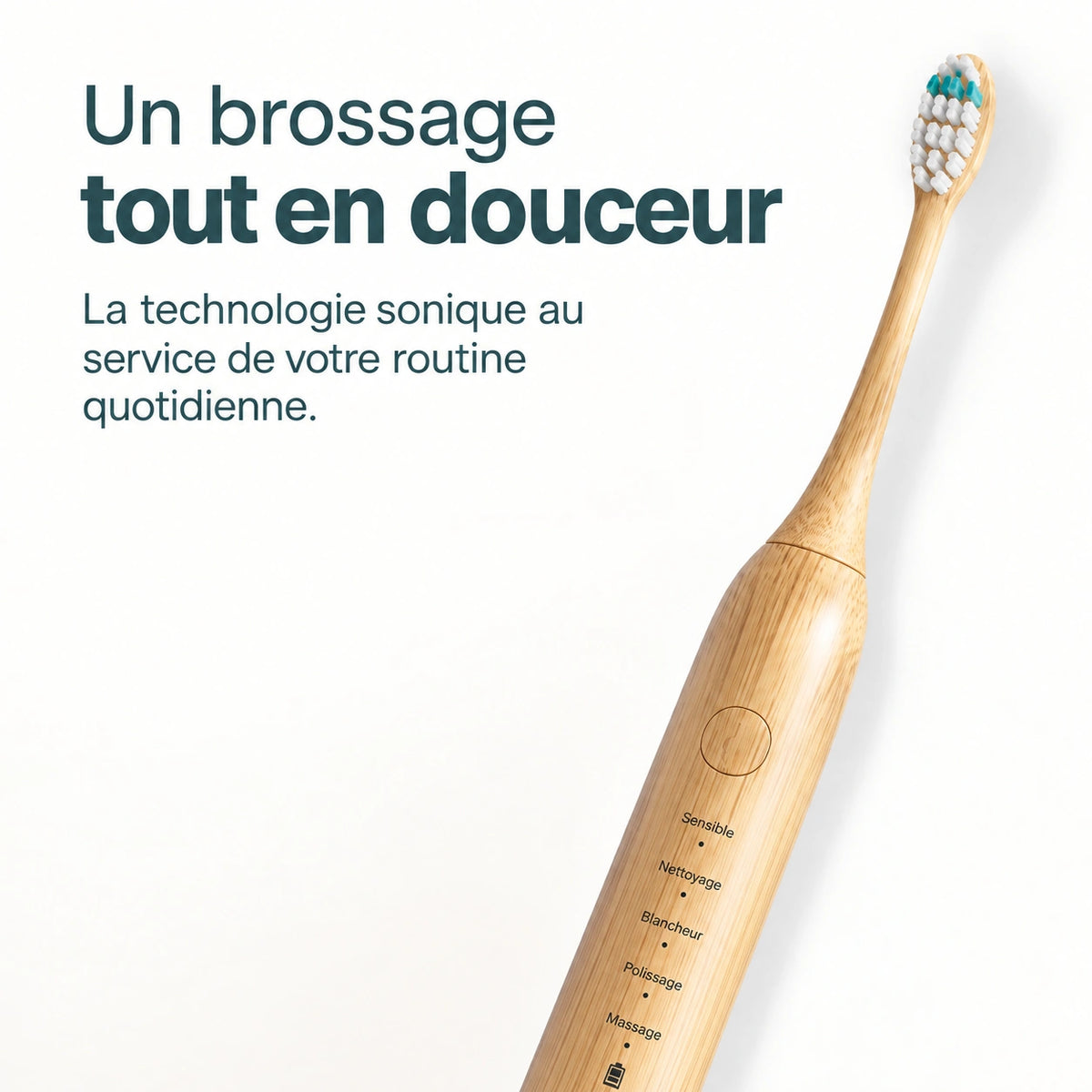 Brosse sonique en bambou avec bouton rond et cinq modes de brossage