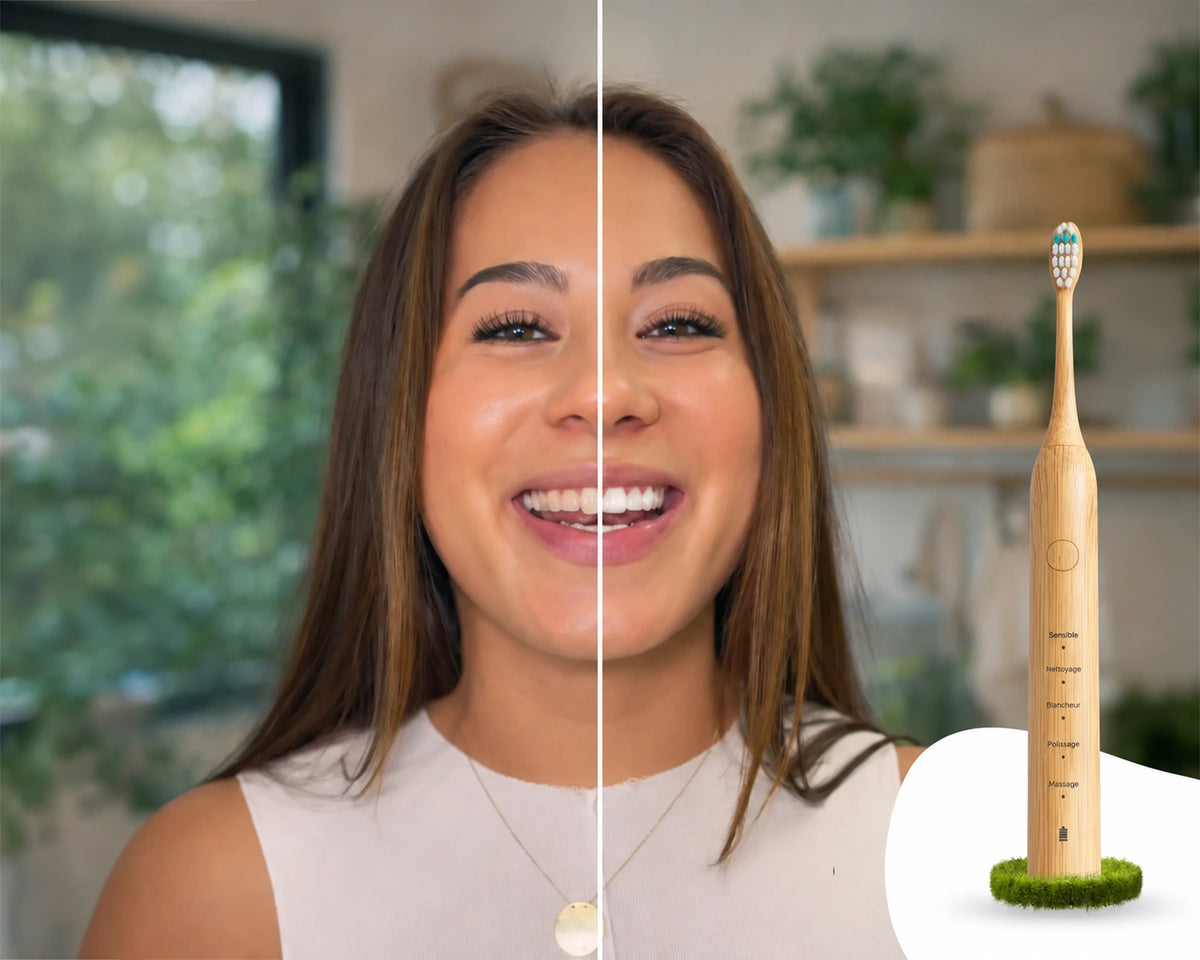 Illustration du sourire avec la brosse sonique en bambou