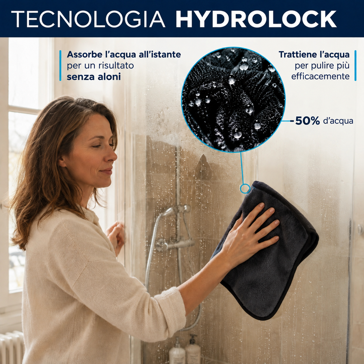 Illustrazione della tecnologia HydroLock del panno Homyria