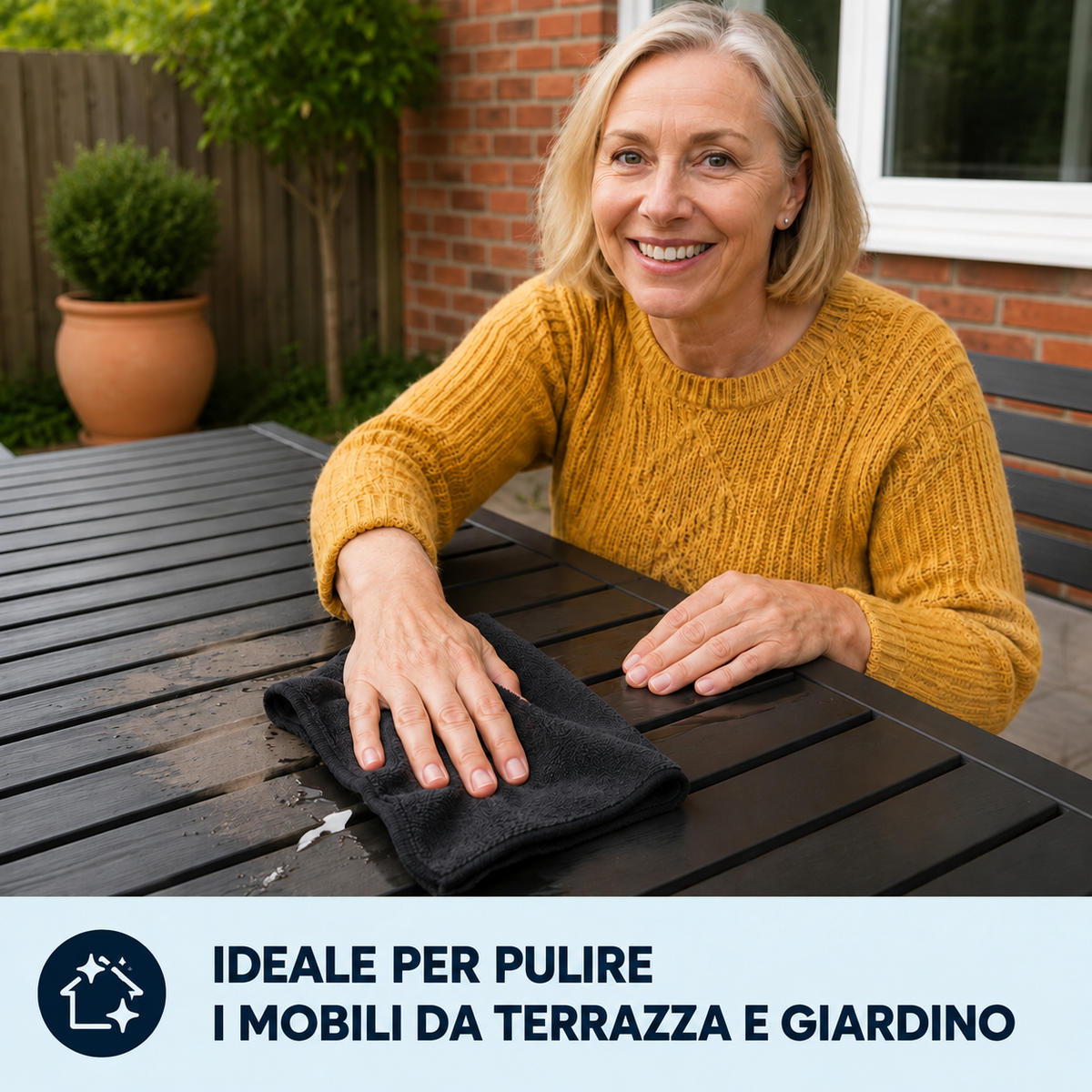 Pulizia di un tavolo da giardino con il panno Homyria