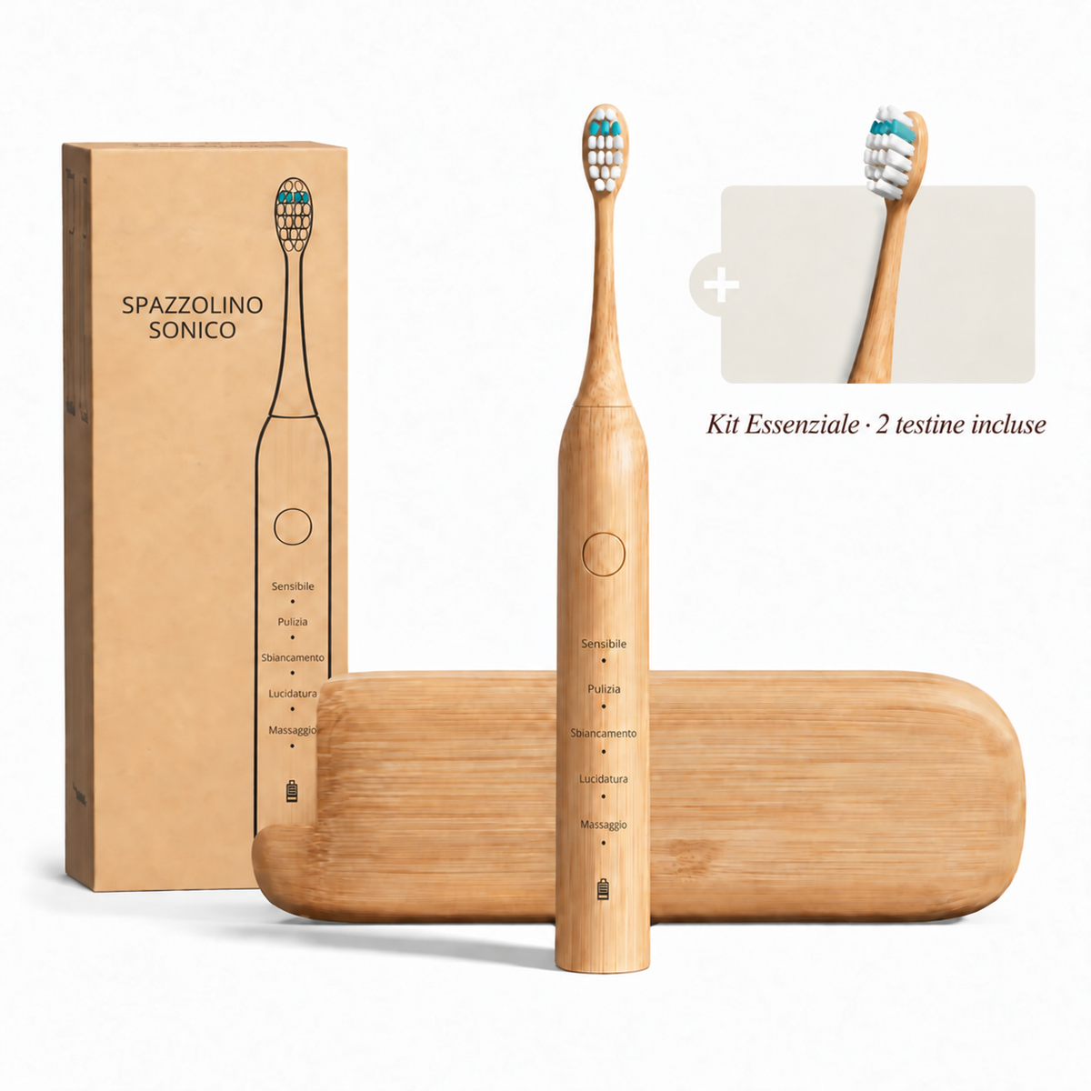 Kit Essenziale Homyria con due testine in totale e custodia in bambù