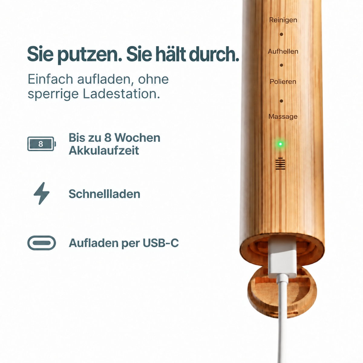 USB-C-Ladeanschluss und Akkulaufzeit der Homyria Schallzahnbürste